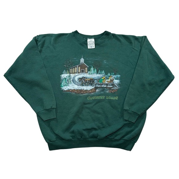 Vintage 90s Cotton Grove Country Roads Sweatshirt XL Green Winter Christmas Snow - Picture 1 of 9